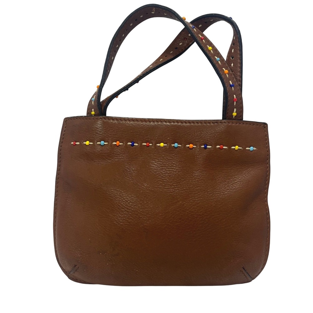 VTG Y2K Fossil Brown Leather Colorful Beaded Accent Handbag Small Clutch 9"